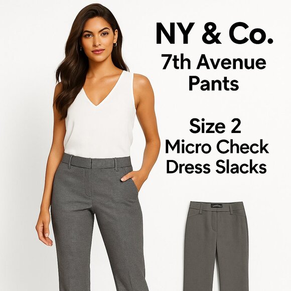 NY & Co 7th Avenue Pants Size 2 Micro Check Dress Slacks Workwear Career Trouser - Picture 1 of 9